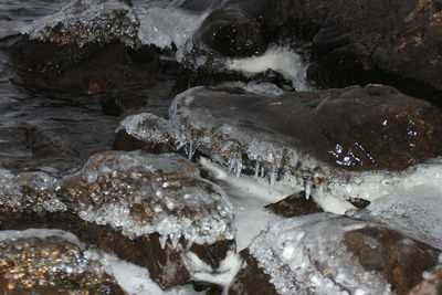 High angle view of stream flowing through rocks