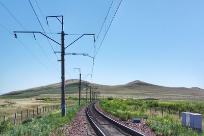 Railroad track amidst field against clear sky