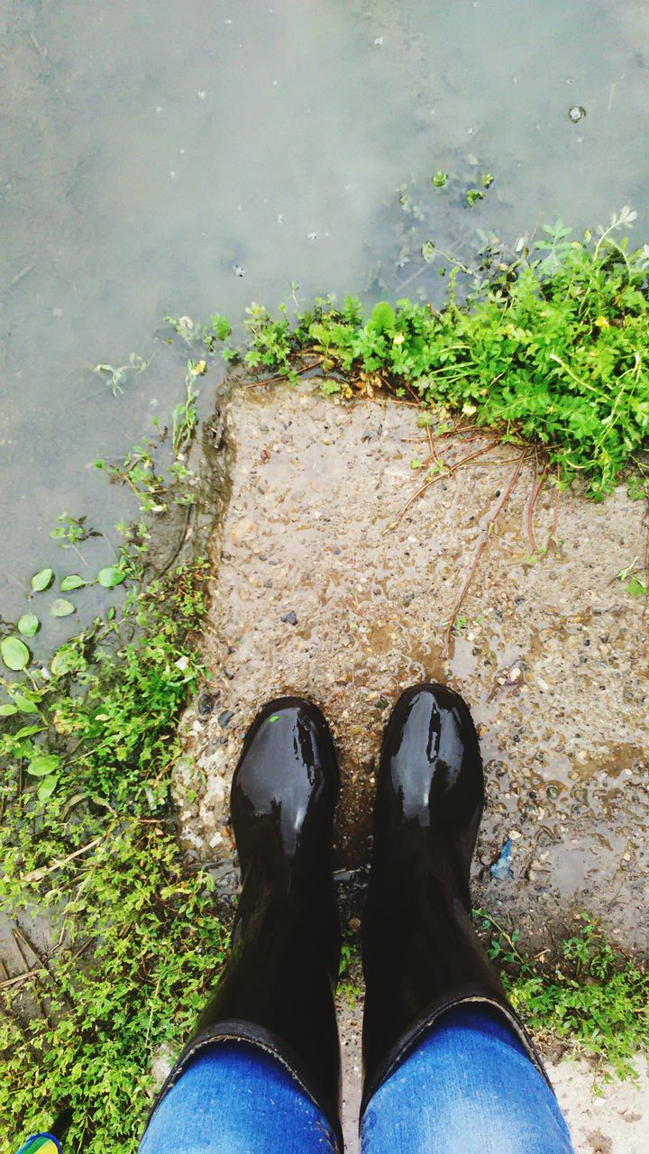 low section, person, personal perspective, shoe, standing, human foot, high angle view, lifestyles, leisure activity, footwear, men, unrecognizable person, directly above, jeans, water, day, outdoors