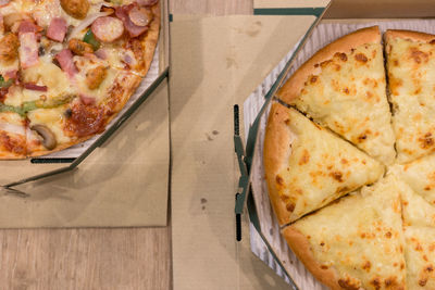 High angle view of pizza on table