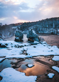 Scenic view of frozen lake against sky during winter