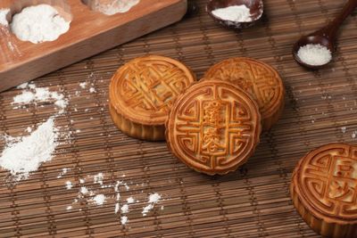 High angle view of cookies on table