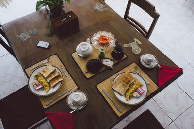 High angle view of breakfast on table