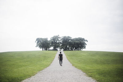 Rear view of person walking on field against sky