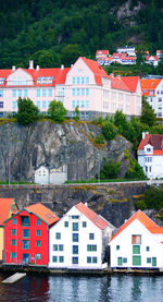 Houses by river and buildings in town