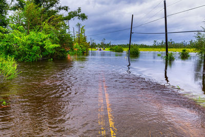 Scenic view of river against sky during rainy season