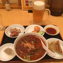 High angle view of meal served on table