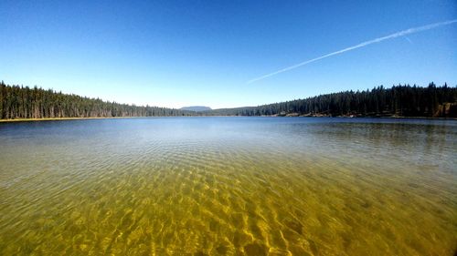 Scenic view of lake against clear blue sky