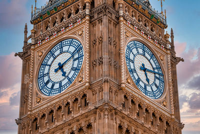 Close up view of the big ben clock tower and westminster in london.