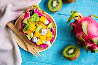High angle view of breakfast on table