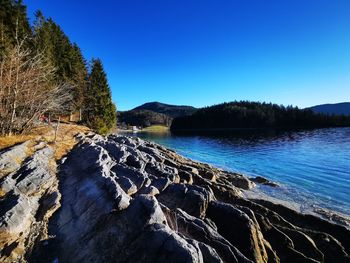 Scenic view of lake against clear blue sky