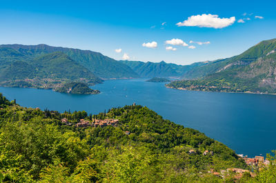 Photo of lake como, showing varenna, bellagio, castello di vezio, punta balbianello, in spring.