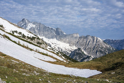 Scenic view of snowcapped mountains against sky