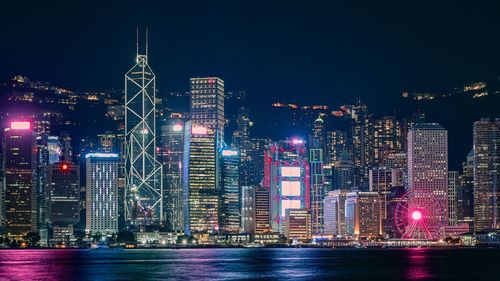 Illuminated buildings in city at night