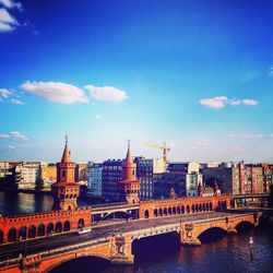 Bridge over river with cityscape in background