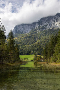 Scenic view of lake and mountains against sky