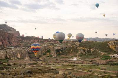 Hot air balloons flying over landscape against sky