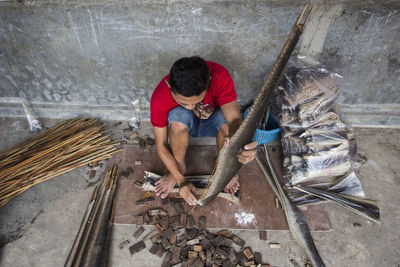 High angle view of man working