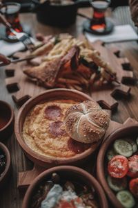 High angle view of breakfast on table