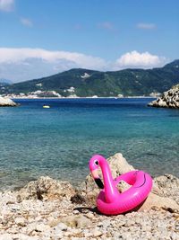 Pink inflatable at beach against sky