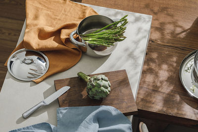 High angle view of food on table