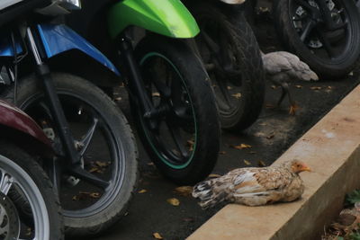 Close-up of motorcycle on street in city