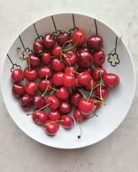 High angle view of cherries in bowl on table