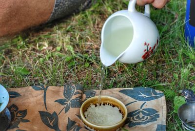 High angle view of coffee cup on table