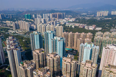 High angle view of modern buildings in city