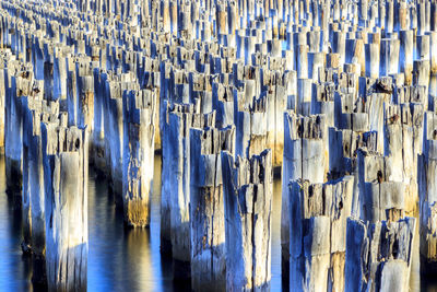 Full frame shot of wooden posts in sea