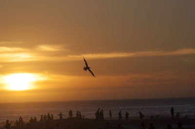 Silhouette people on beach against sky during sunset