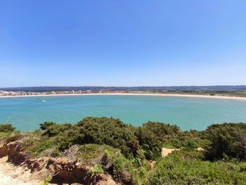 Scenic view of sea against clear blue sky