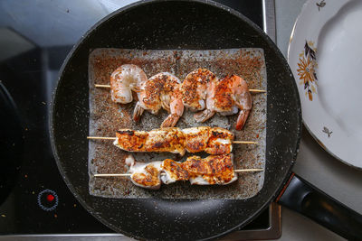 High angle view of meat in cooking pan