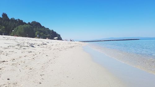 Scenic view of beach against clear blue sky
