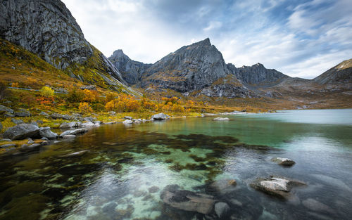 Scenic view of lake and mountains against sky