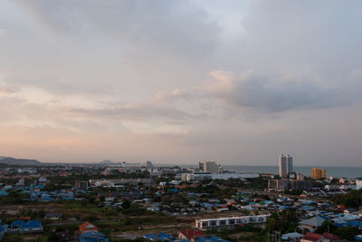 High angle view of townscape against sky during sunset