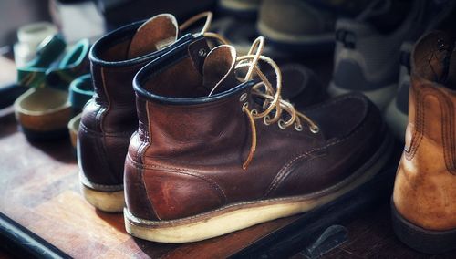 Close-up of brown shoes on table