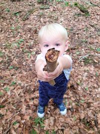 High angle view portrait of cute boy holding stick while standing on land