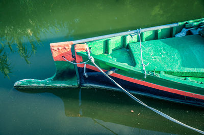 High angle view of boat moored on lake