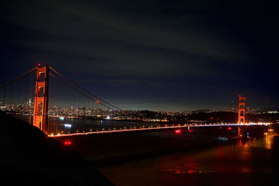 Illuminated suspension bridge at night