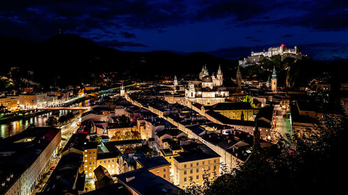 High angle view of townscape against sky at night