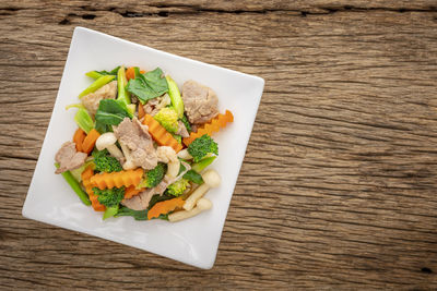 High angle view of meal served on table