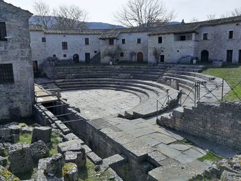 High angle view of historic building against sky