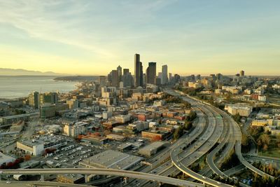 High angle view of city buildings during sunset