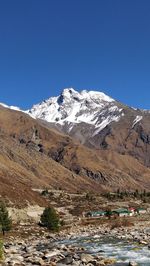 Scenic view of snowcapped mountains against clear blue sky