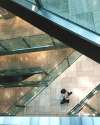 High angle view of people on escalator