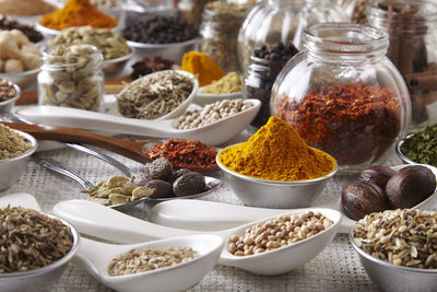 Close-up of various spices on burlap