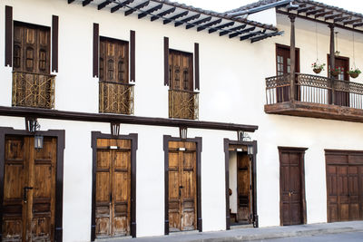 Facade of the houses at the heritage town of salamina in colombia.