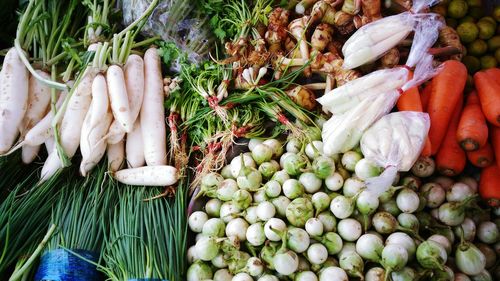 High angle view of vegetables for sale in market