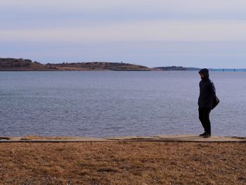 Rear view of man standing on shore against sky